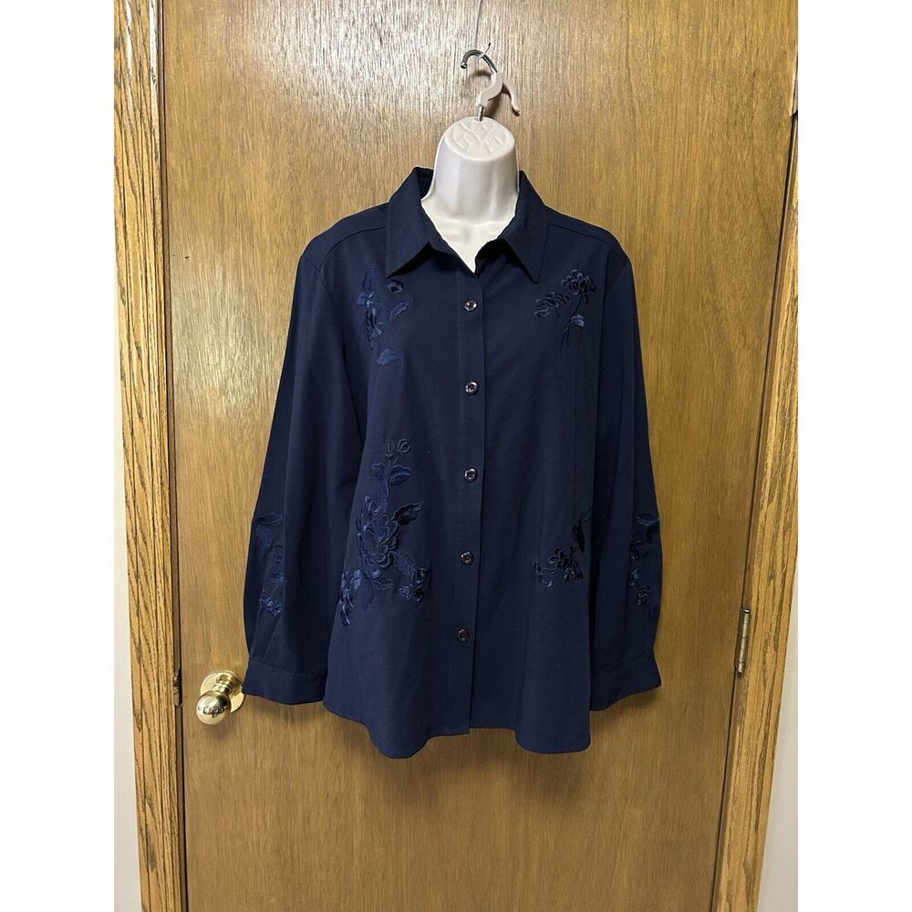 VTG 80s 90s GRAFF size PL L PETITE Blouse shirt top EMBROIDERED NAVY BLUE G24